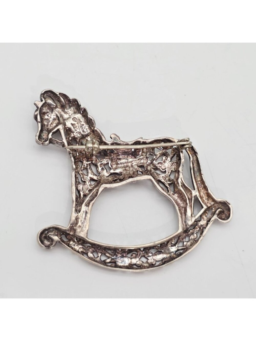 Sterling Silver Rocking Horse Brooch Filigree Design By Jezlaine Jewelry Vintage - Picture 6 of 7